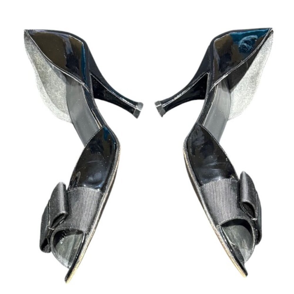 Stuart Weitzman Black Patent Leather Cut Out Peep Toe Heel Grosgrain Bow Size 9N